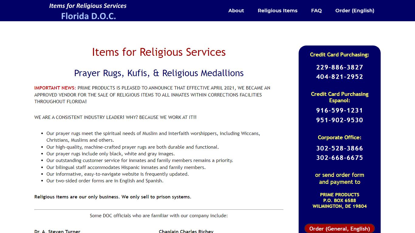 Items for Religious Services - Florida DOC prisons